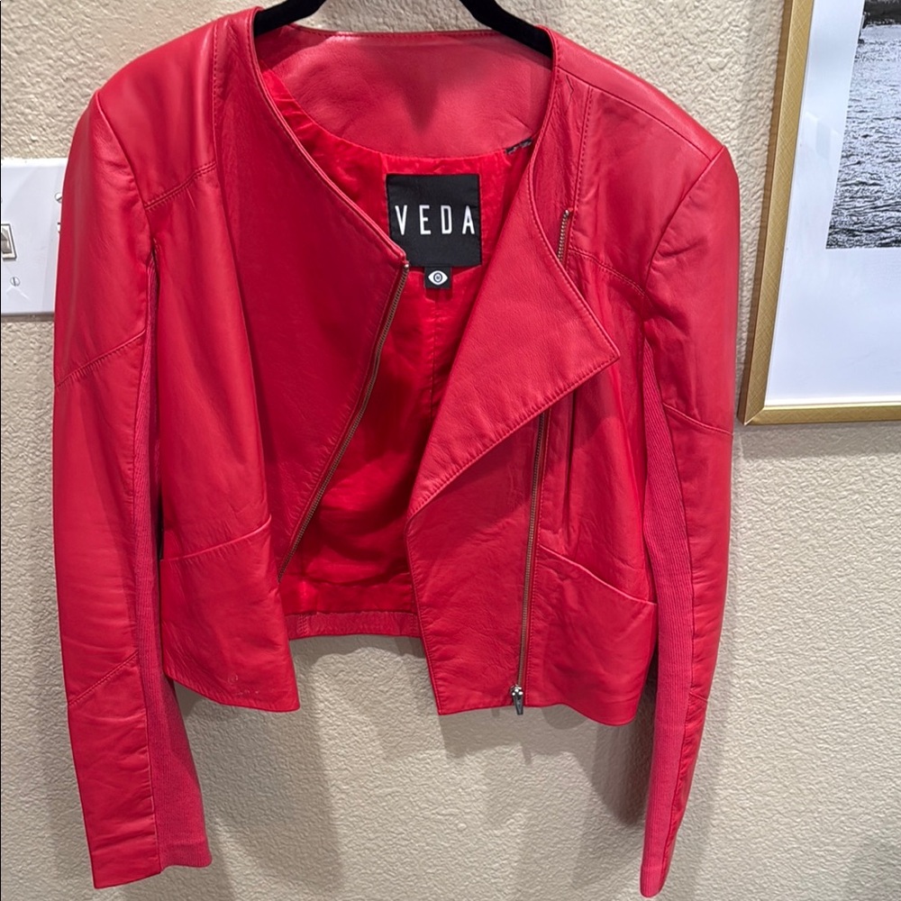 Veda ‘Frances’ Red Leather Moto Jacket Asymmetrical Design